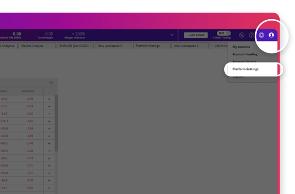 Screenshot of City Index platform showing one click trading menu