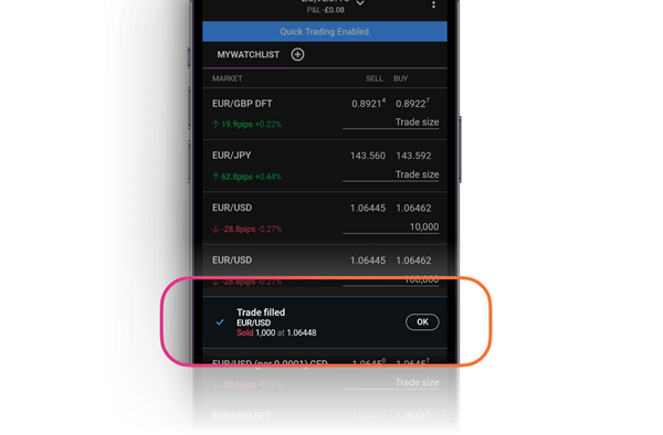 Screenshot of City Index mobile app  showing quick trading confirmation