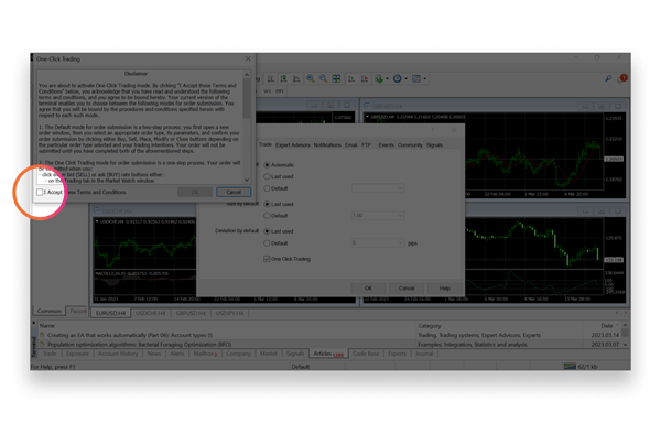 Screenshot of MetaTrader 4 (MT4) showing one click trading warning
