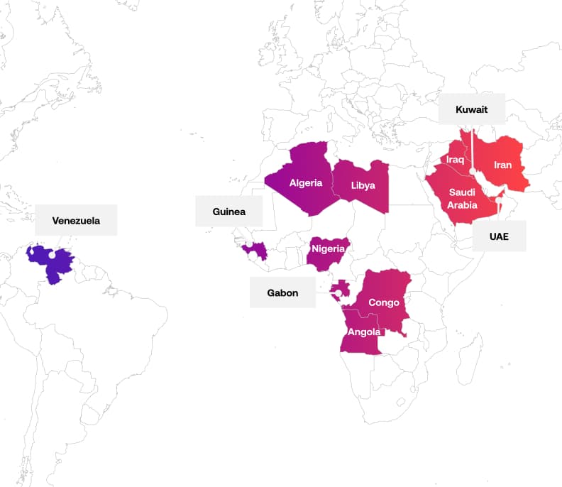 Illustration of the 13 OPEC nations on a map Algeria, Angola, Congo, Equatorial Guinea, Gabon, Iran, Iraq, Kuwait, Libya, Nigeria, Saudi Arabia, United Arab Emirates, Venezuela