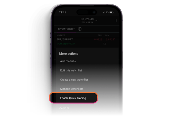 Screenshot of City Index mobile app  showing quick trading